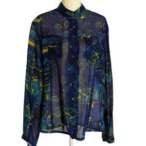 Chicos Silk Blouse Top Shirt Sheer Button Front Geometric Blue 1 US M 8 bv